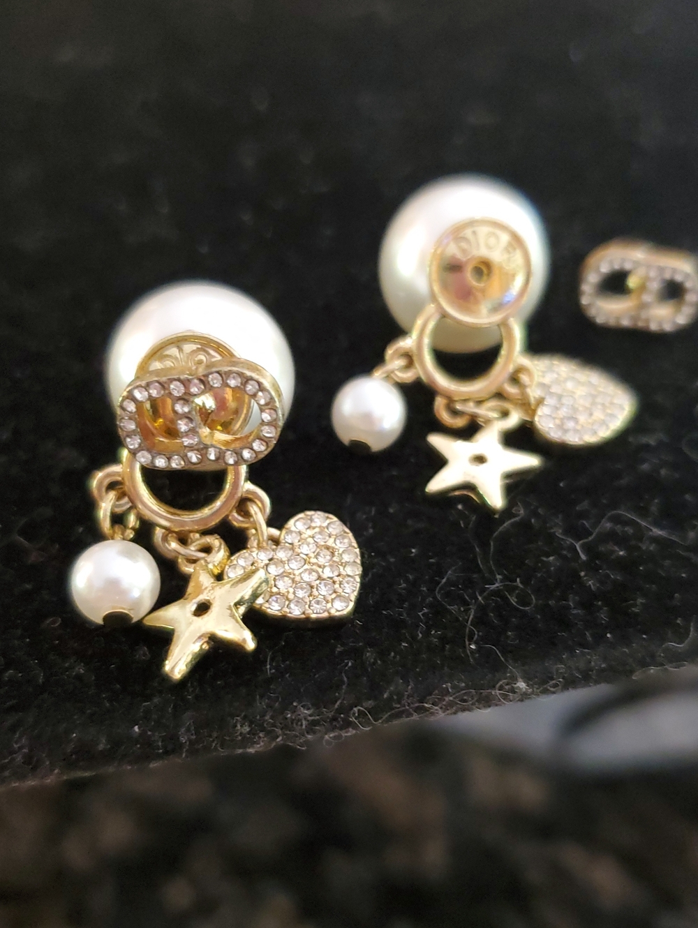 Gold-Tone Dior Pearl Drop Charm Earrings with Crystal Heart & Star